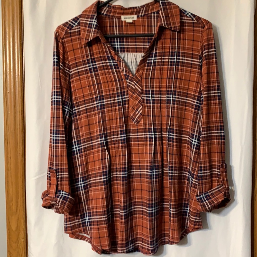 Westport Blouse, Size Large, Rust, Blue and White